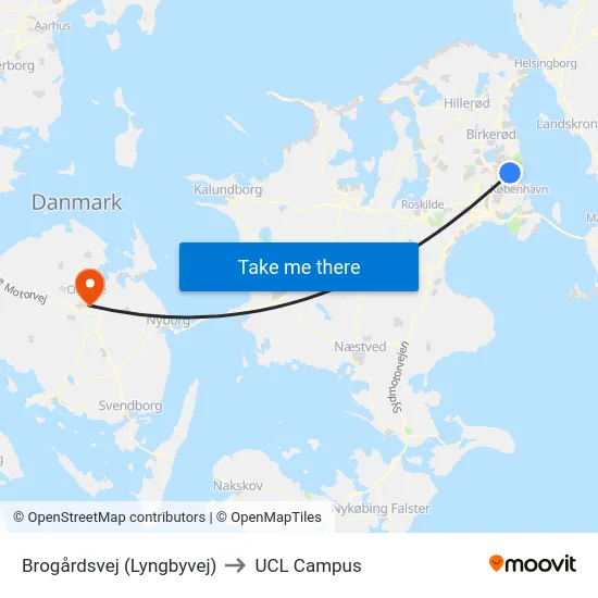 Brogårdsvej (Lyngbyvej) to UCL Campus map