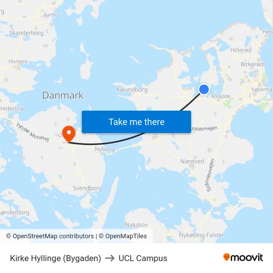Kirke Hyllinge (Bygaden) to UCL Campus map
