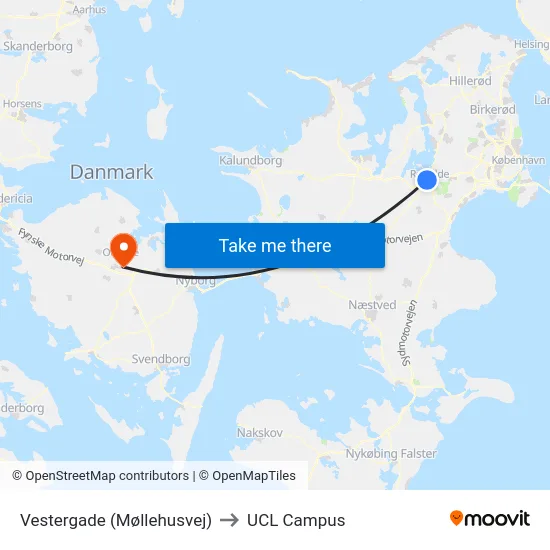 Vestergade (Møllehusvej) to UCL Campus map