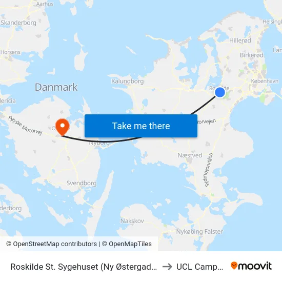 Roskilde St. Sygehuset (Ny Østergade) to UCL Campus map