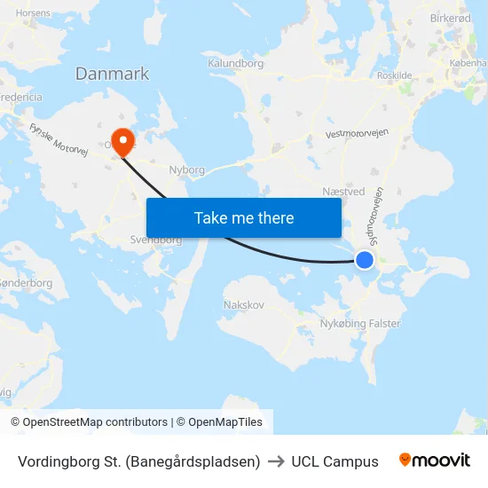 Vordingborg St. (Banegårdspladsen) to UCL Campus map