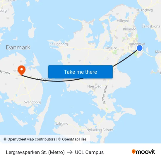 Lergravsparken St. (Metro) to UCL Campus map