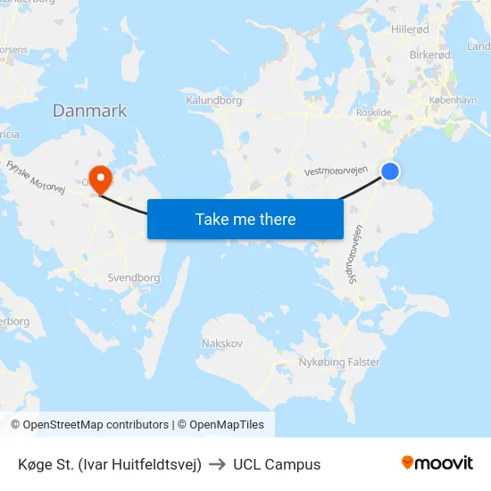 Køge St. (Ivar Huitfeldtsvej) to UCL Campus map