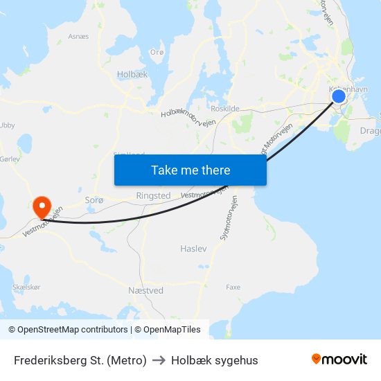 Frederiksberg St. (Metro) to Holbæk sygehus map