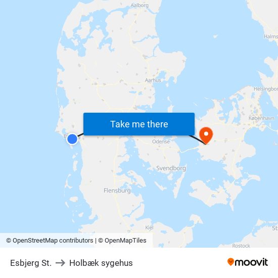Esbjerg St. to Holbæk sygehus map