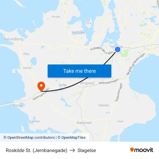 Roskilde St. (Jernbanegade) to Slagelse map