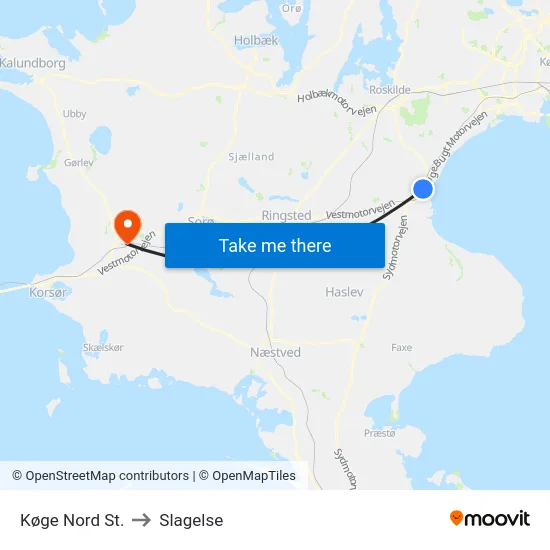 Køge Nord St. to Slagelse map