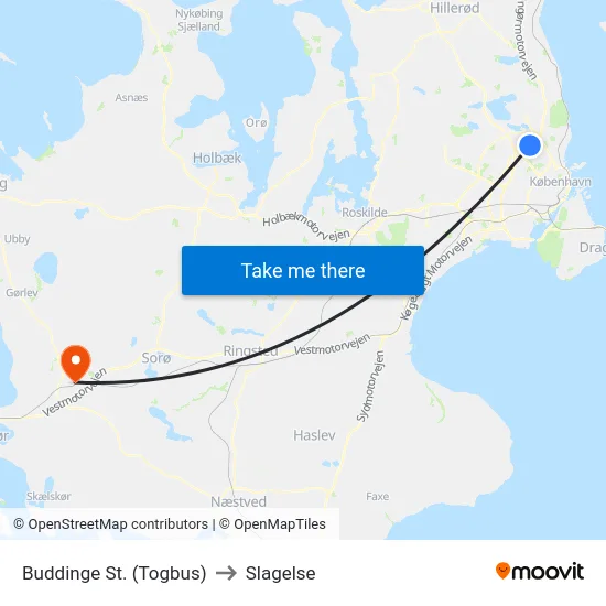 Buddinge St. (Togbus) to Slagelse map