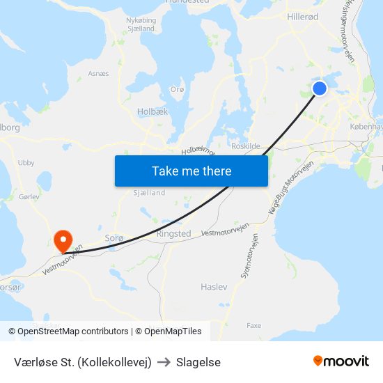 Værløse St. (Kollekollevej) to Slagelse map