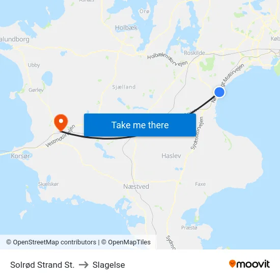 Solrød Strand St. to Slagelse map