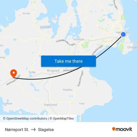 Nørreport St. to Slagelse map