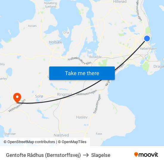 Gentofte Rådhus (Bernstorffsvej) to Slagelse map