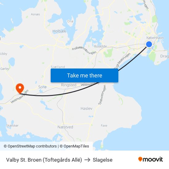 Valby St. Broen (Toftegårds Allé) to Slagelse map