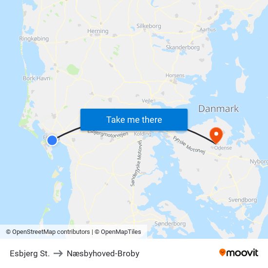 Esbjerg St. to Næsbyhoved-Broby map