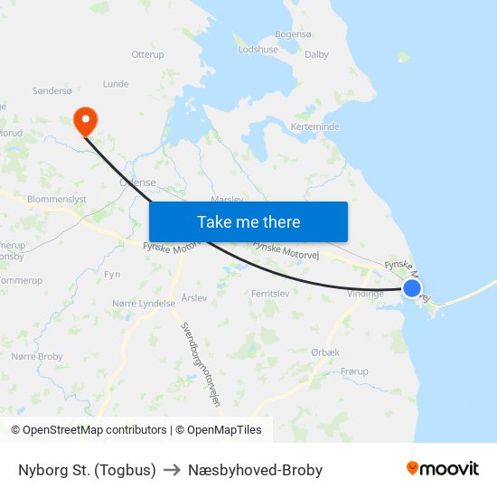 Nyborg St. (Togbus) to Næsbyhoved-Broby map
