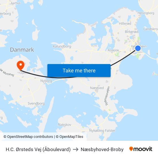 H.C. Ørsteds Vej (Åboulevard) to Næsbyhoved-Broby map