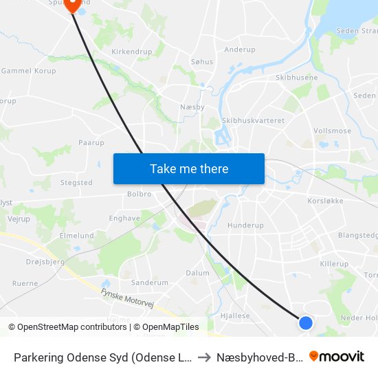 Parkering Odense Syd (Odense Letbane) to Næsbyhoved-Broby map