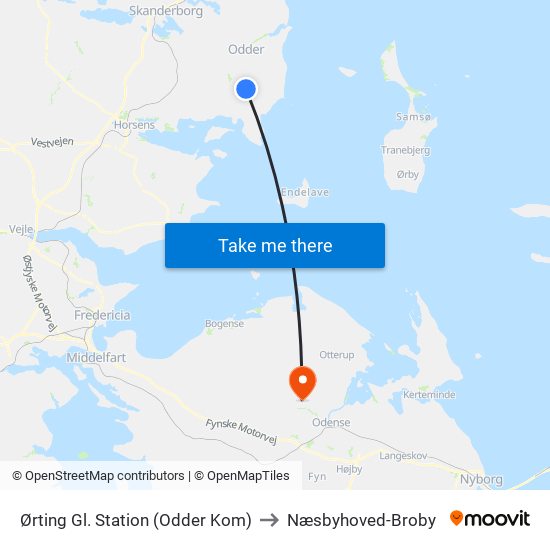 Ørting Gl. Station (Odder Kom) to Næsbyhoved-Broby map