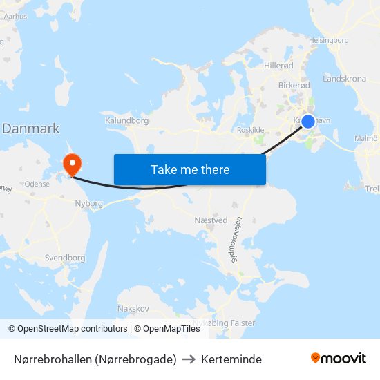 Nørrebrohallen (Nørrebrogade) to Kerteminde map