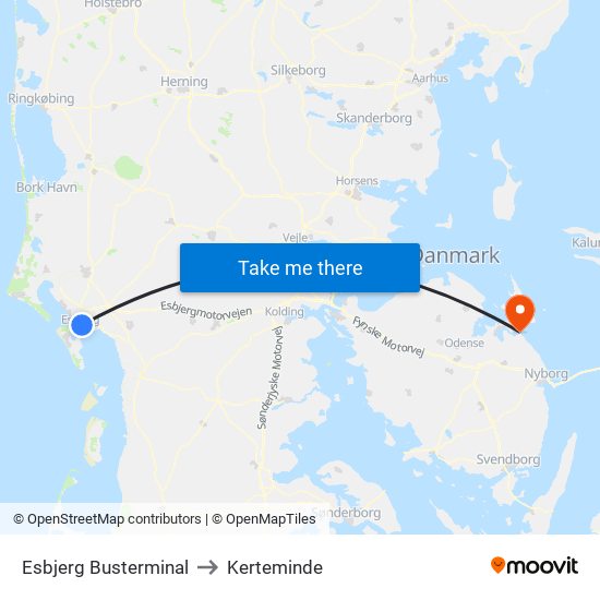 Esbjerg Busterminal to Kerteminde map