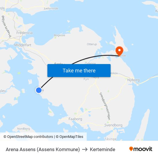 Arena Assens (Assens Kommune) to Kerteminde map