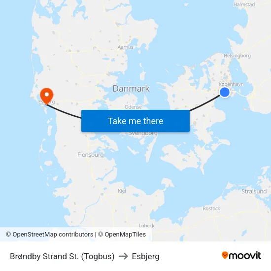 Brøndby Strand St. (Togbus) to Esbjerg map