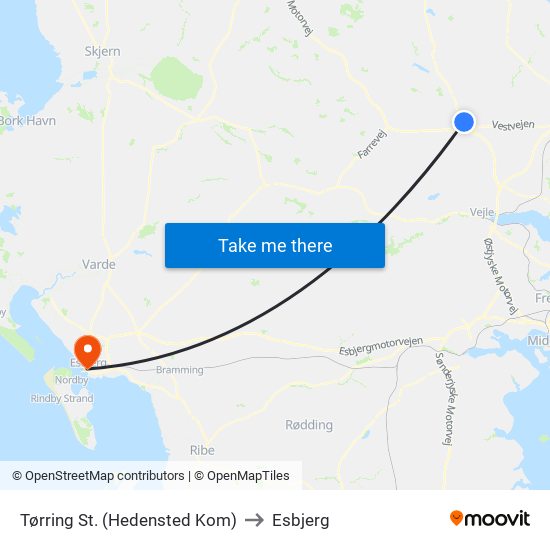 Tørring St. (Hedensted Kom) to Esbjerg map