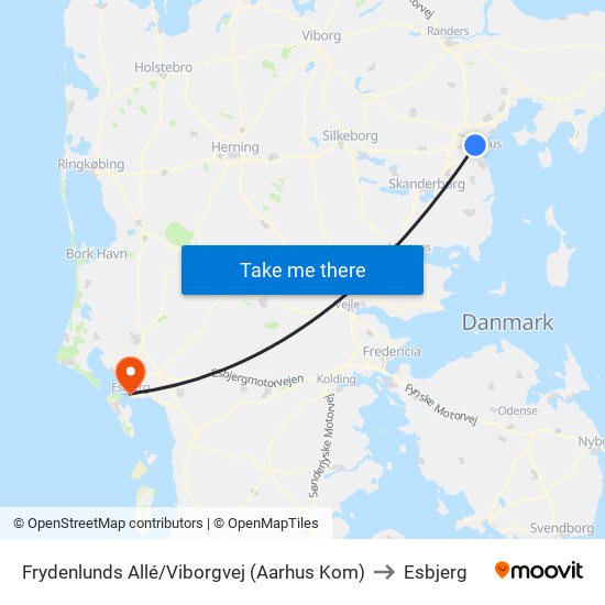 Frydenlunds Allé/Viborgvej (Aarhus Kom) to Esbjerg map