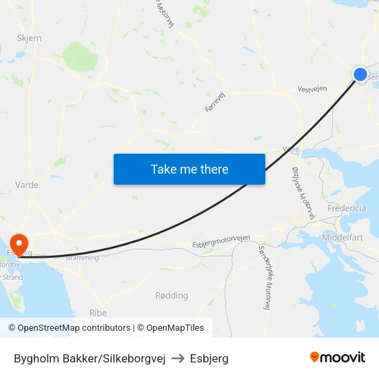 Bygholm Bakker/Silkeborgvej to Esbjerg map