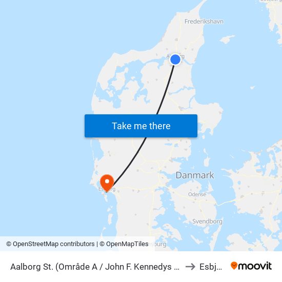 Aalborg St. (Område A / John F. Kennedys Plads) to Esbjerg map