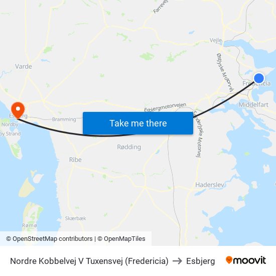 Nordre Kobbelvej V Tuxensvej (Fredericia) to Esbjerg map