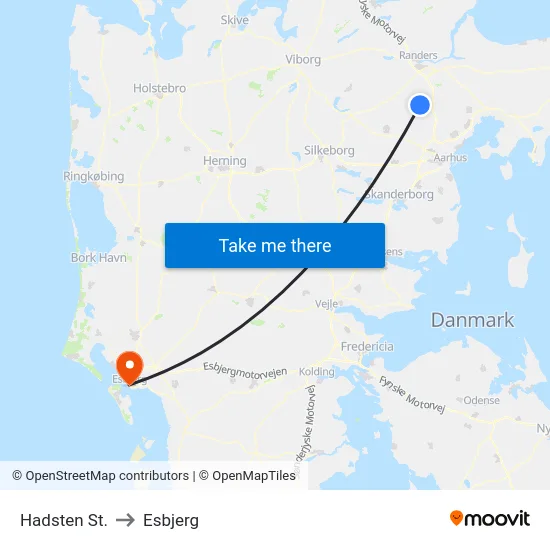 Hadsten St. to Esbjerg map