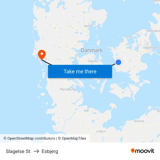 Slagelse St. to Esbjerg map