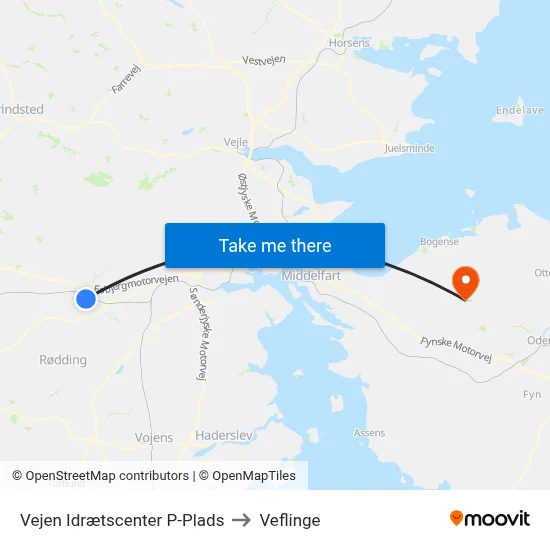 Vejen Idrætscenter P-Plads to Veflinge map
