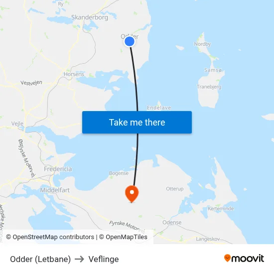 Odder (Letbane) to Veflinge map