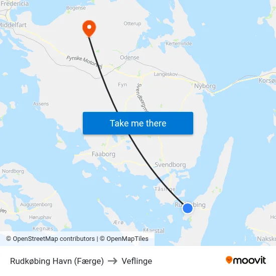 Rudkøbing Havn (Færge) to Veflinge map