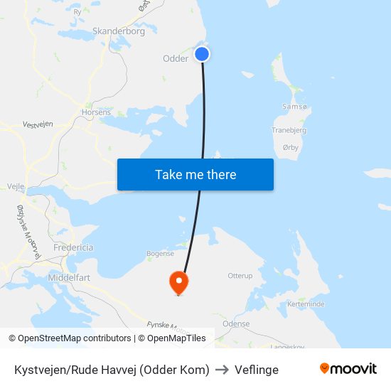 Kystvejen/Rude Havvej (Odder Kom) to Veflinge map