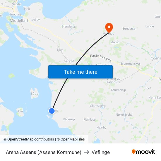 Arena Assens (Assens Kommune) to Veflinge map