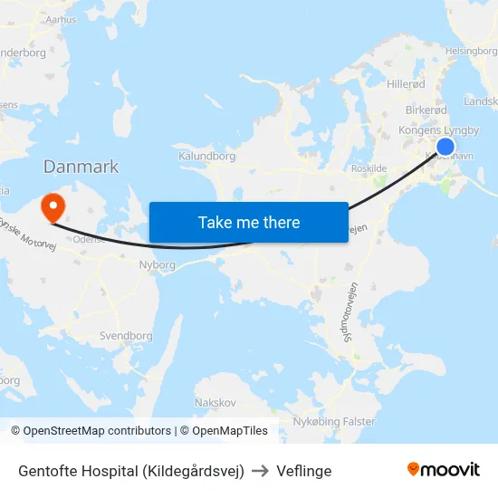 Gentofte Hospital (Kildegårdsvej) to Veflinge map
