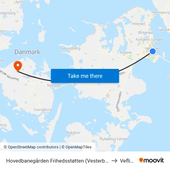 Hovedbanegården Frihedsstøtten (Vesterbrogade) to Veflinge map