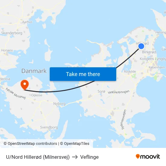 U/Nord Hillerød (Milnersvej) to Veflinge map