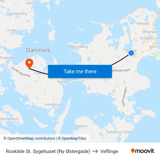 Roskilde St. Sygehuset (Ny Østergade) to Veflinge map