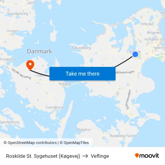 Roskilde St. Sygehuset (Køgevej) to Veflinge map