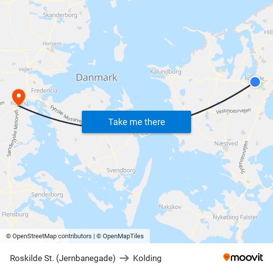 Roskilde St. (Jernbanegade) to Kolding map