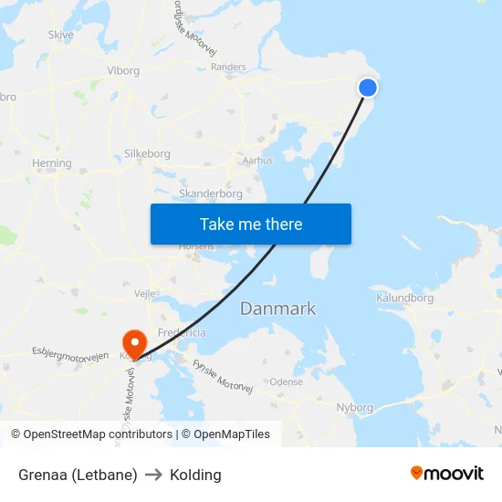 Grenaa (Letbane) to Kolding map
