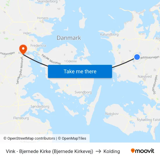 Vink - Bjernede Kirke (Bjernede Kirkevej) to Kolding map