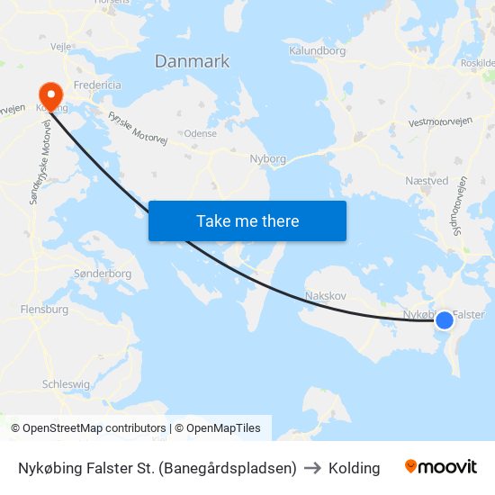 Nykøbing Falster St. (Banegårdspladsen) to Kolding map