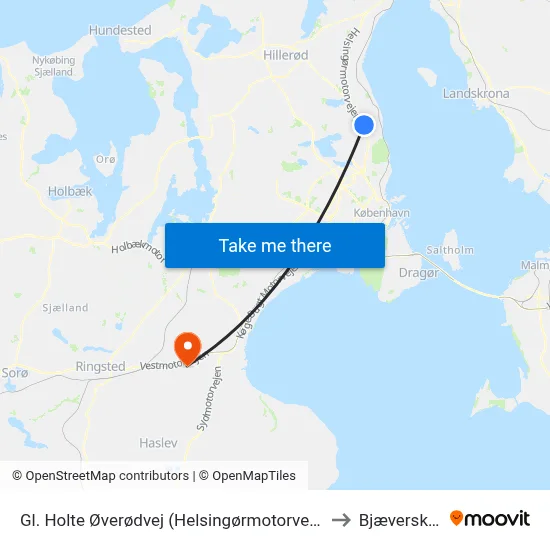 Gl. Holte Øverødvej (Helsingørmotorvejen) to Bjæverskov map