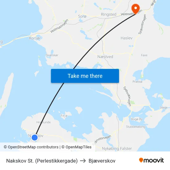 Nakskov St. (Perlestikkergade) to Bjæverskov map