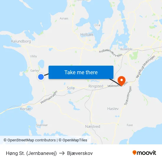 Høng St. (Jernbanevej) to Bjæverskov map
